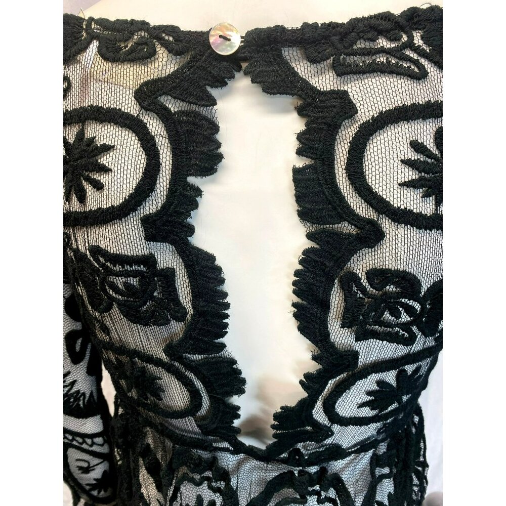 Jens Pirate Booty Free People Sheer Black Floral Embroidered Vintage Lace Dress - Picture 9 of 9